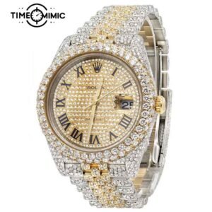 Supper Fully Iced Out Rolex Datejust Diamond Replica Gold Twe-Tone Black Rome Numeral Dial Jubilee Fake Watches Clone
