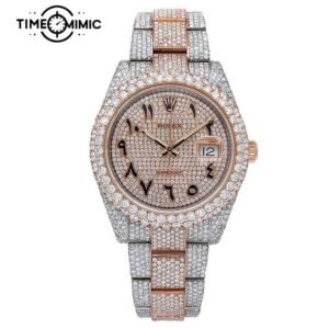 Supper Fully Iced Out Rolex Datejust Diamond Replica Rose Gold Twe-Tone Black Arabic Numeral Dial Fake Watches Clone