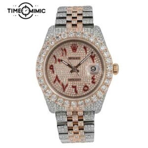 Supper Fully Iced Out Rolex Datejust Diamond Replica Rose Gold Twe-Tone Red Arabic Numeral Dial Fake Watches Clone