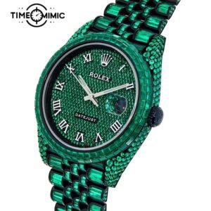 Supper Replica Fully Iced Out Rolex Datejust Green Diamond Roman Numeral Dial Fake Watches Clone