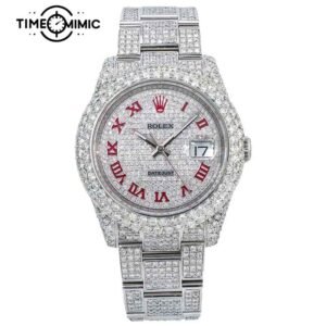Supper Replica Fully Iced Out Rolex Datejust Red Rome Numeral Dial Fake Watches Clone