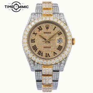 Supper Fully Iced Out Rolex Datejust Replica Gold Twe-Tone Black Rome Numeral Dial Fake Watches Clone