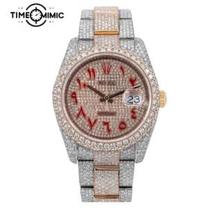Supper Fully Iced Out Rolex Datejust Replica Rose Gold Twe-Tone Red Arabic Numeral Dial Fake Watches Clone