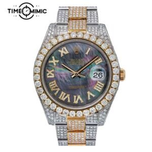 Supper Replica Iced Out Rolex Datejust Black Mother-of-Pearl Roma Diamond Number Dial Gold Twe-Tone 41mm Fake Watches Clone