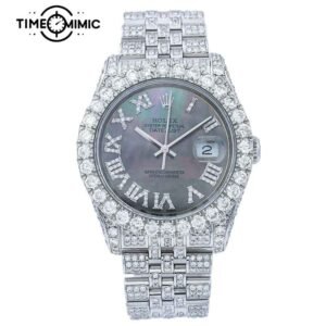 Supper Replica Iced Out Rolex Datejust Black Mother-of-Pearl Roma Diamond Number Dial 41mm Fake Watches Clone
