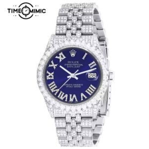 Supper Replica Iced Out Rolex Datejust Blue Roma Diamond Number Dial Jubilee 41mm Fake Watches Clone