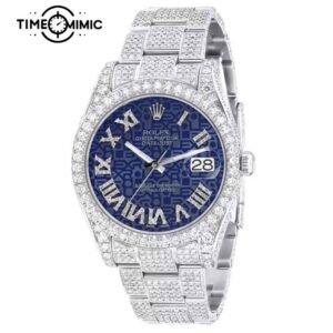 Supper Replica Iced Out Rolex Datejust Blue Roma Diamond Number Dial 41mm Fake Watches Clone