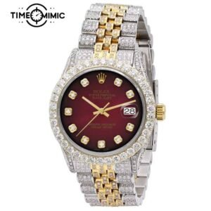 Supper Replica Iced Out Rolex Datejust Diamond Scale Red Dial Gold Twe-Tone Jubilee 41mm Fake Watches Clone