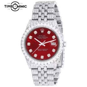 Supper Replica Iced Out Rolex Datejust Diamond Scale Red Dial Jubilee 41mm Fake Watches Clone