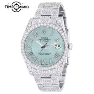 Supper Replica Iced Out Rolex Datejust Light Blue Roma Diamond Number Dial 41mm Fake Watches Clone