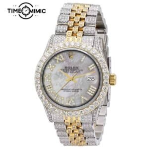 Supper Replica Iced Out Rolex Datejust Mother-of-Pearl Roma Diamond Number Dial Gold Twe-Tone 41mm Fake Watches Clone