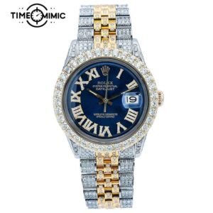 Supper Replica Iced Out Rolex Datejust Roma Diamond Number Blue Dial Gold Twe-Tone 41mm Fake Watches Clone