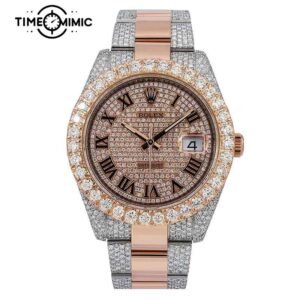 Supper Replica Iced Out Rolex Datejust Rose Gold Twe-Tone Rome Numeral Dial Oyster Bracelet Fake Watches Clone