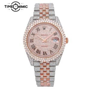 Supper Replica Fully Iced Out Rolex Datejust Rose Gold Twe-Tone Jubilee Black Rome Numeral Dial Fake Watches Clone